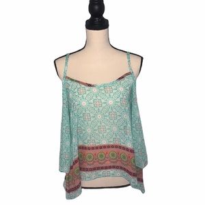 Nabee Boho Cold Shoulder Blouse Small Tiffany Blue Bell Sleeve Floral Print